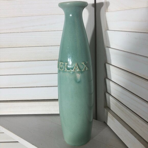 Glossy Art Pottery Vase Ceramic "Relax" Imprint Tall Bottle-Neck Seafoam Green - Picture 4 of 9